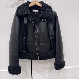 Twin-Set Black Leather Jacket with Shearling Trim